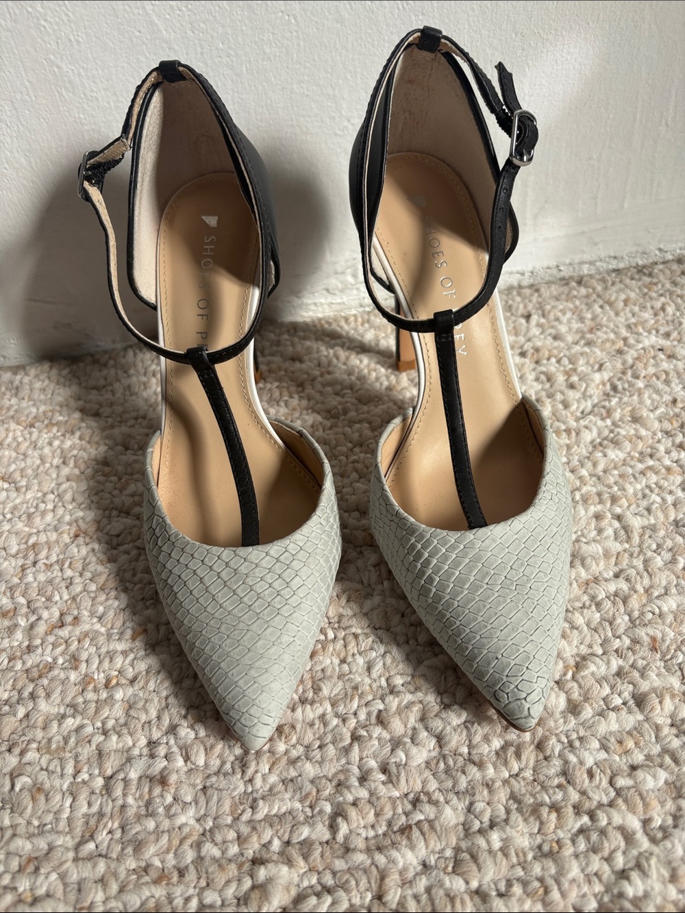 Shoes of Prey Two-Tone T-Strap Pointed Pumps in Light Gray and Black